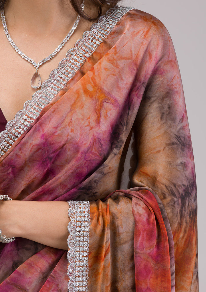 Orange Printed Semi Crepe Saree