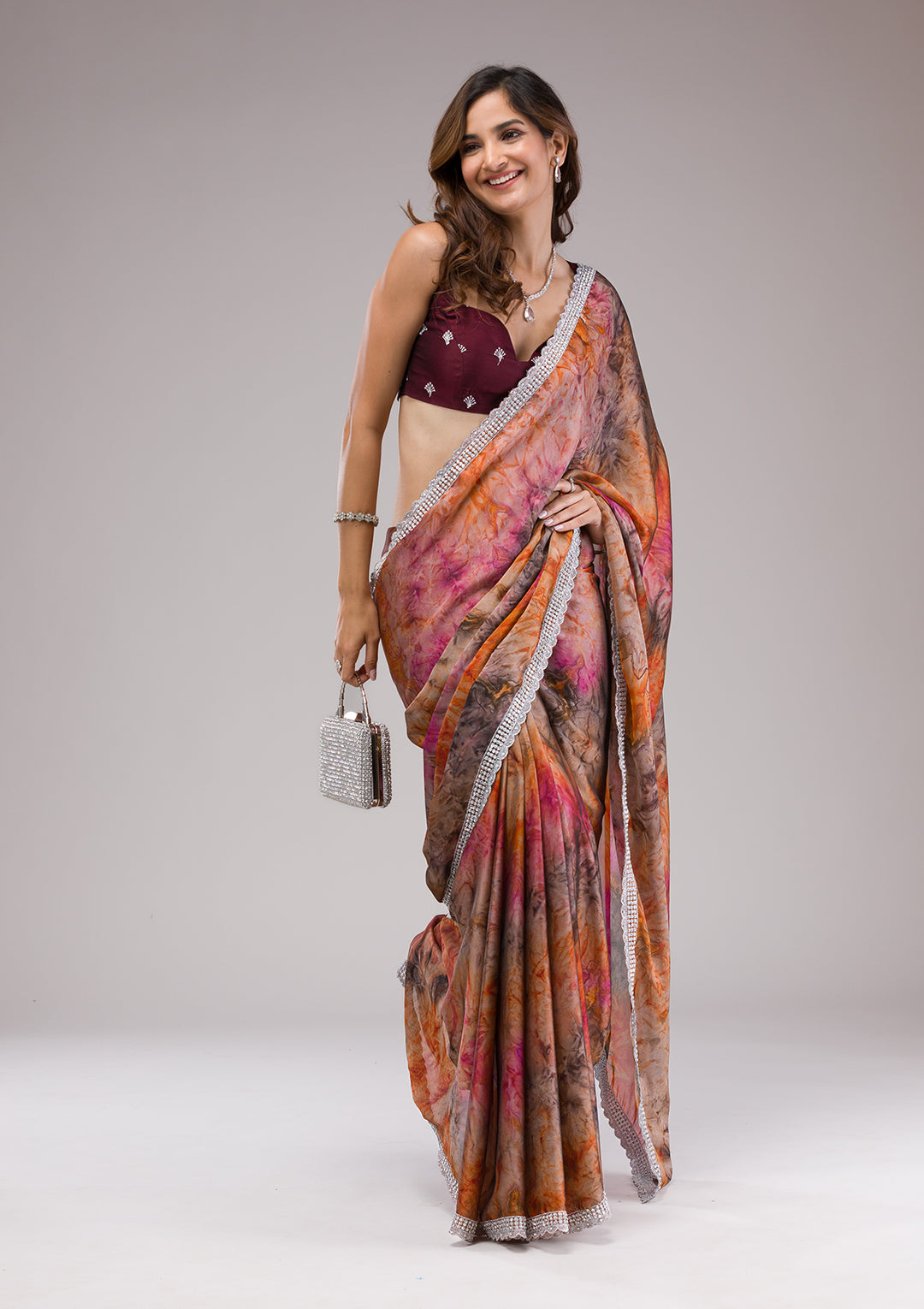 Orange Printed Semi Crepe Saree