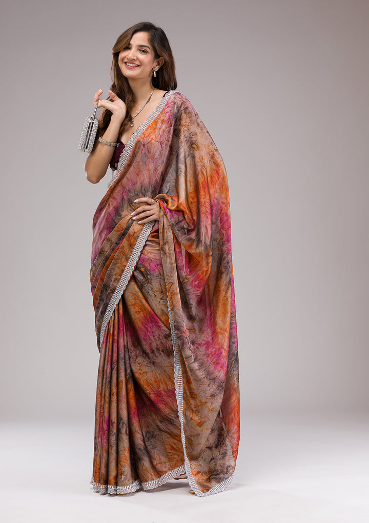 Orange Printed Semi Crepe Saree