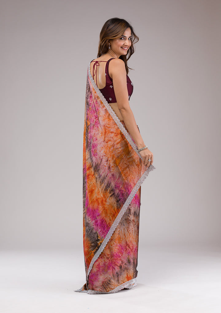Orange Printed Semi Crepe Saree