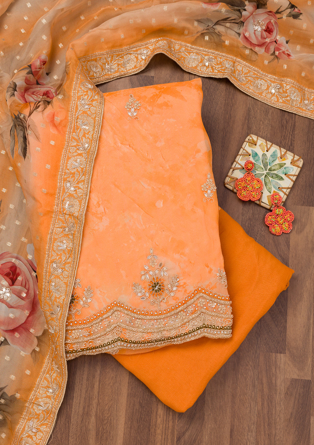 Orange Printed Tissue Unstitched Salwar Suit