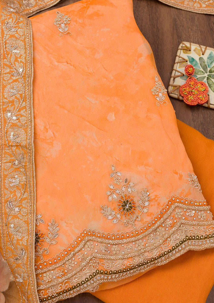 Orange Printed Tissue Unstitched Salwar Suit