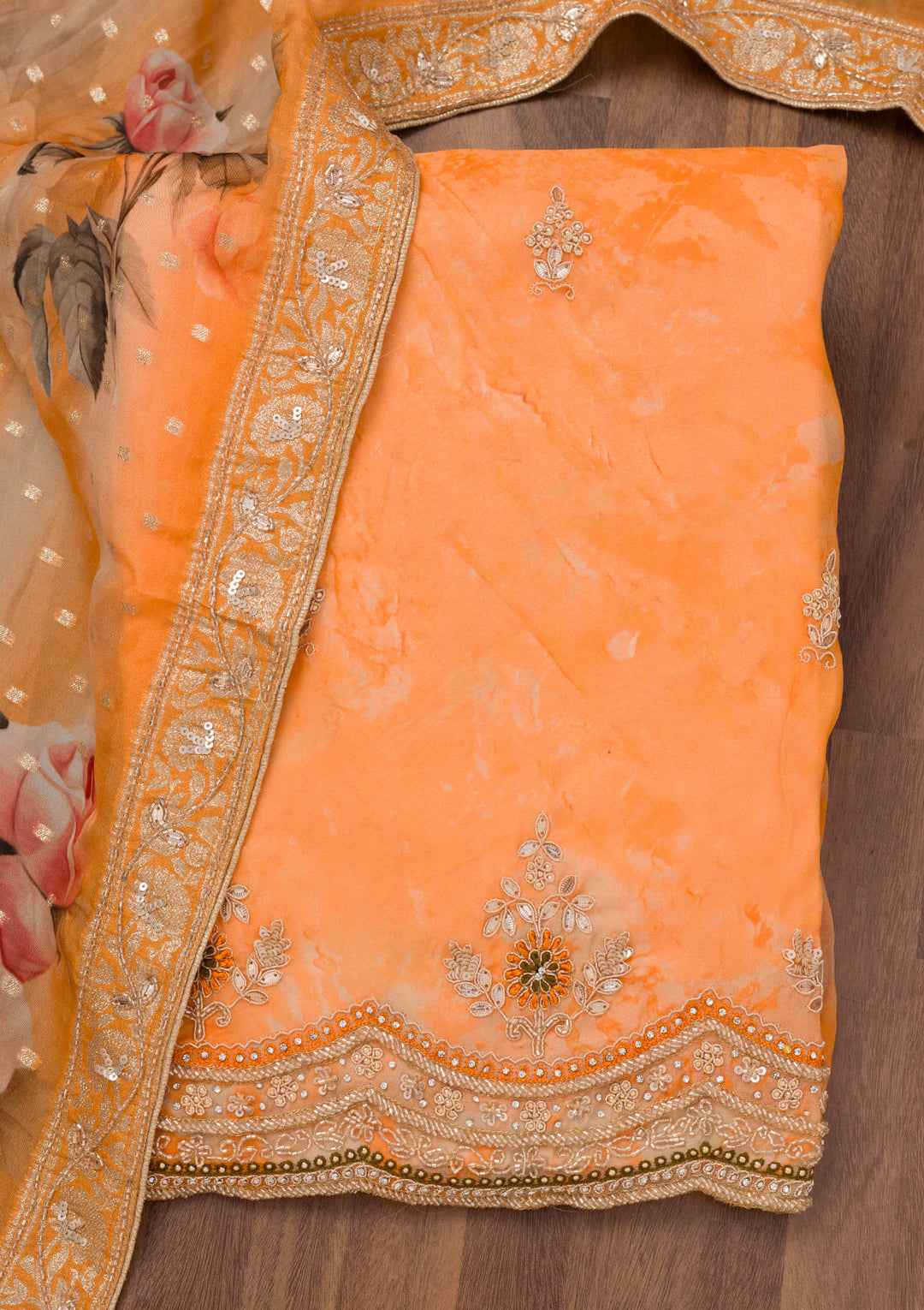 Orange Printed Tissue Unstitched Salwar Suit