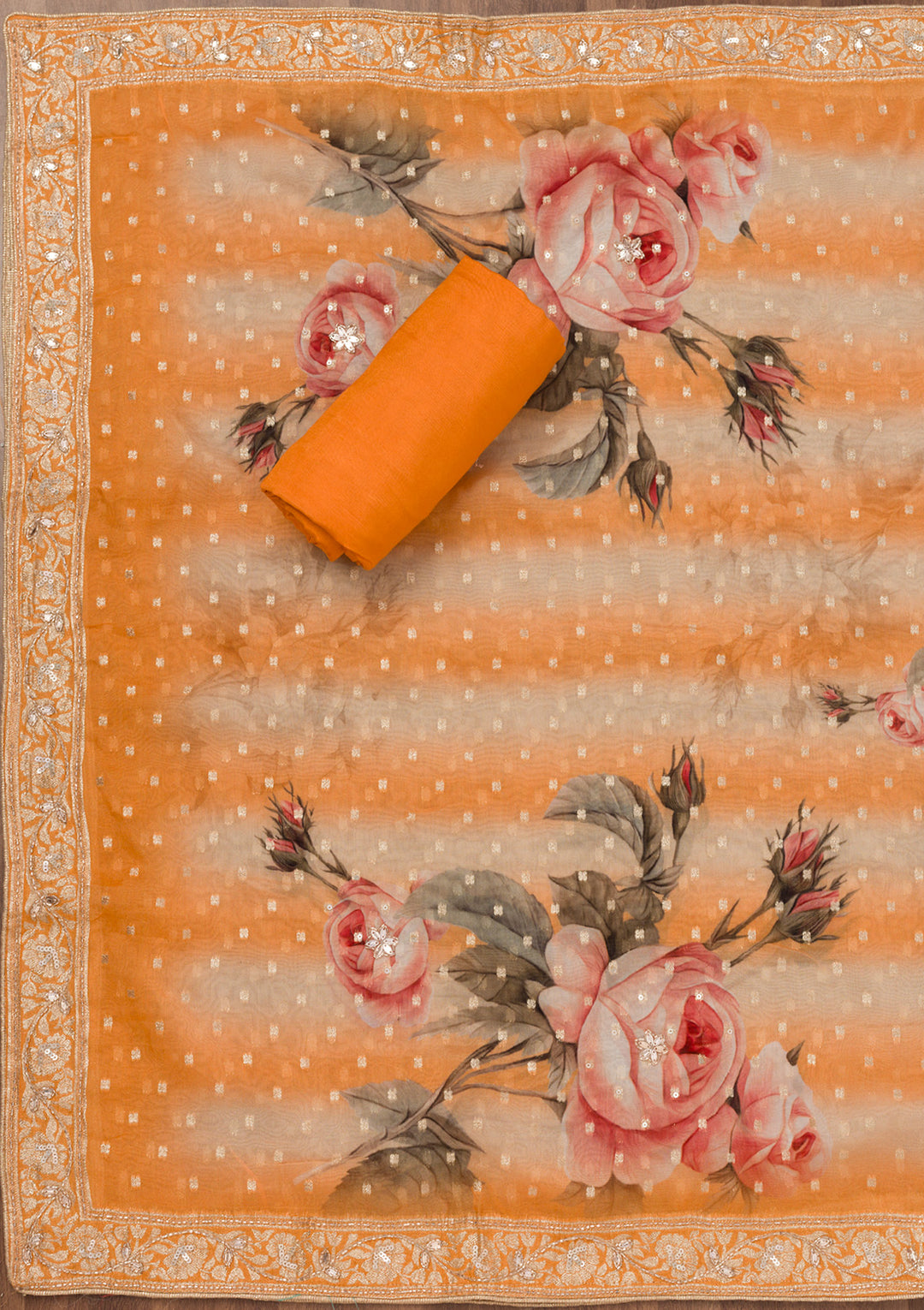 Orange Printed Tissue Unstitched Salwar Suit