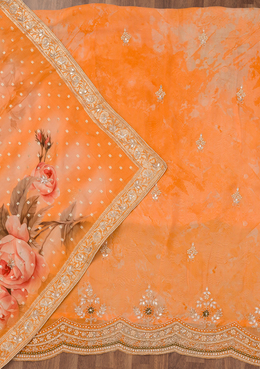 Orange Printed Tissue Unstitched Salwar Suit