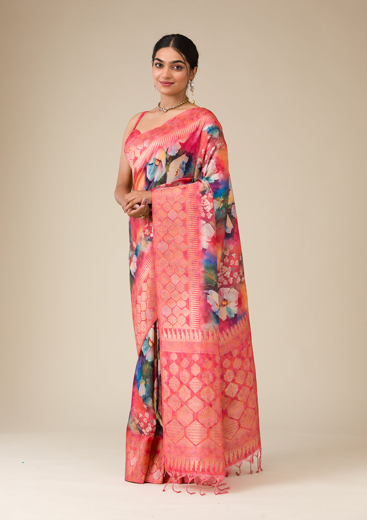 Orange Printed Tissue Saree