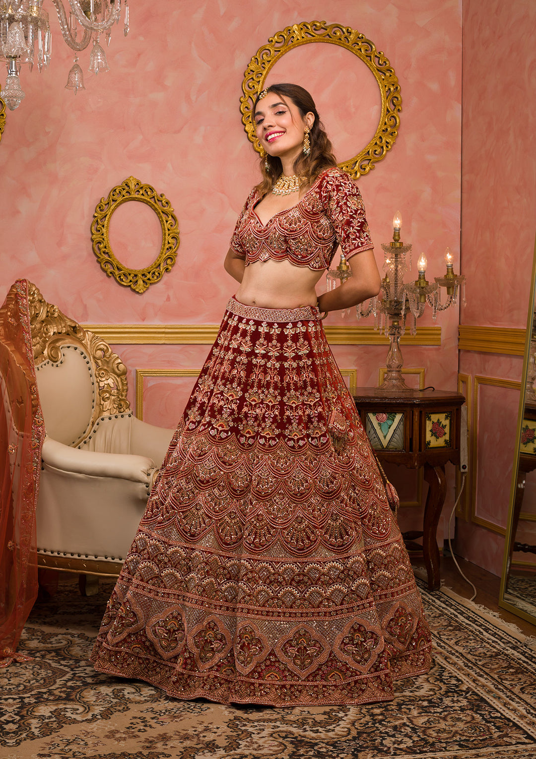 Orange Sequins Velvet Readymade Lehenga