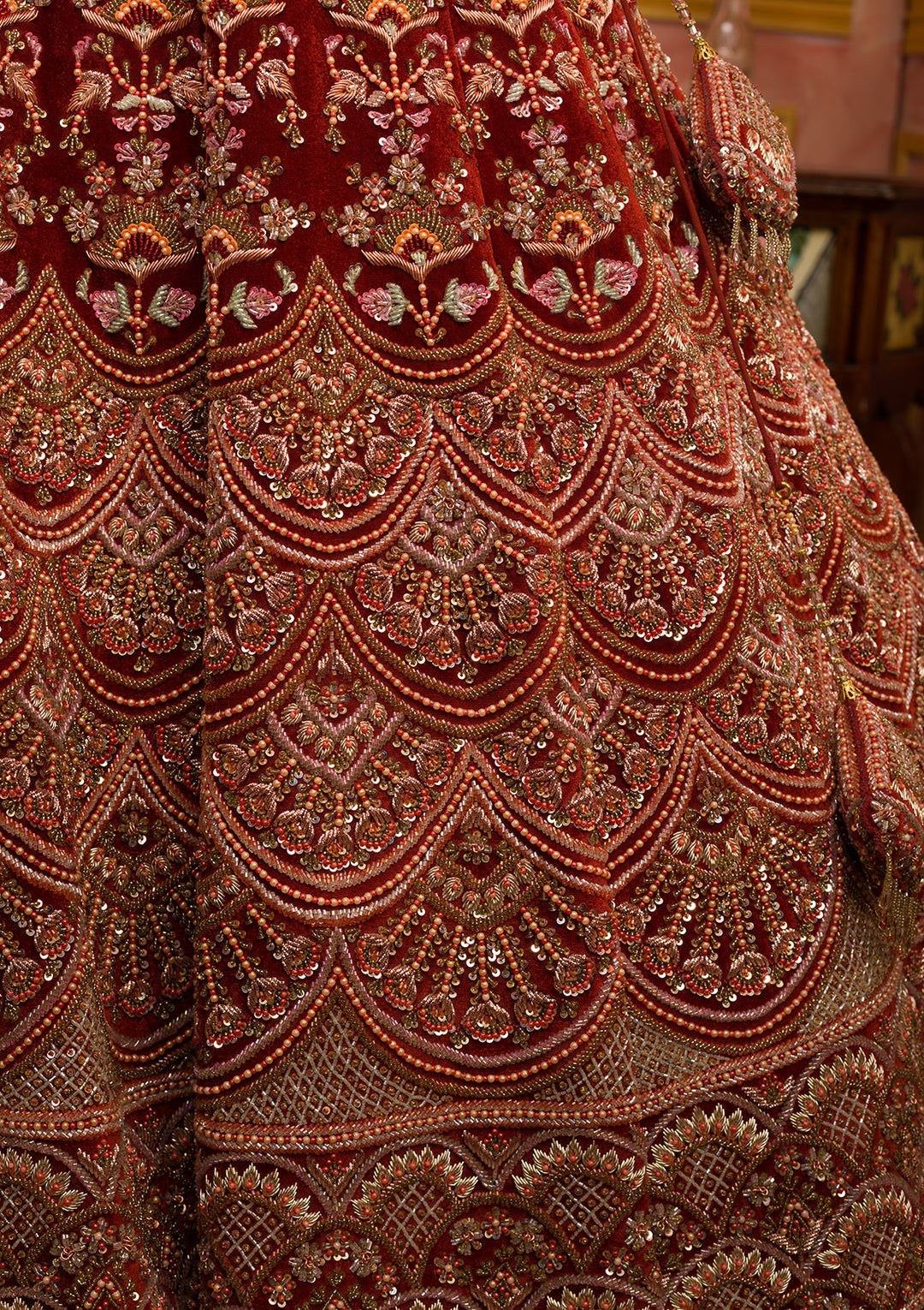 Orange Sequins Velvet Readymade Lehenga