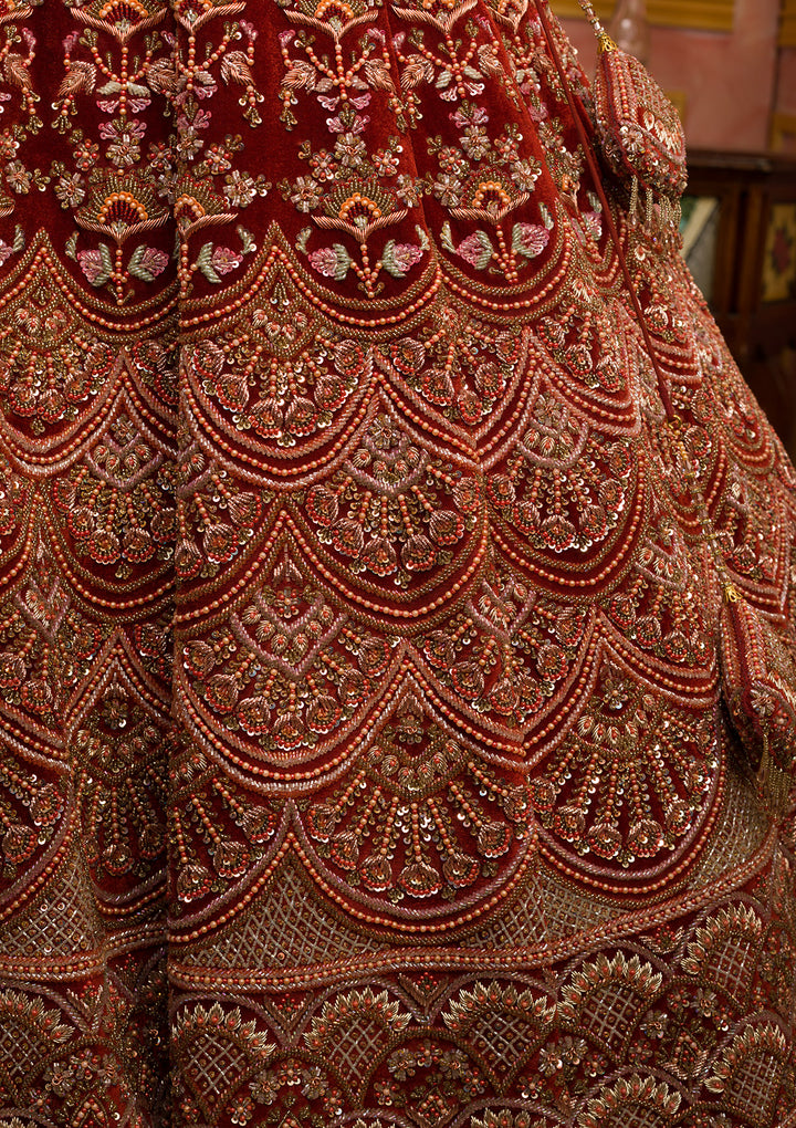 Orange Sequins Velvet Readymade Lehenga