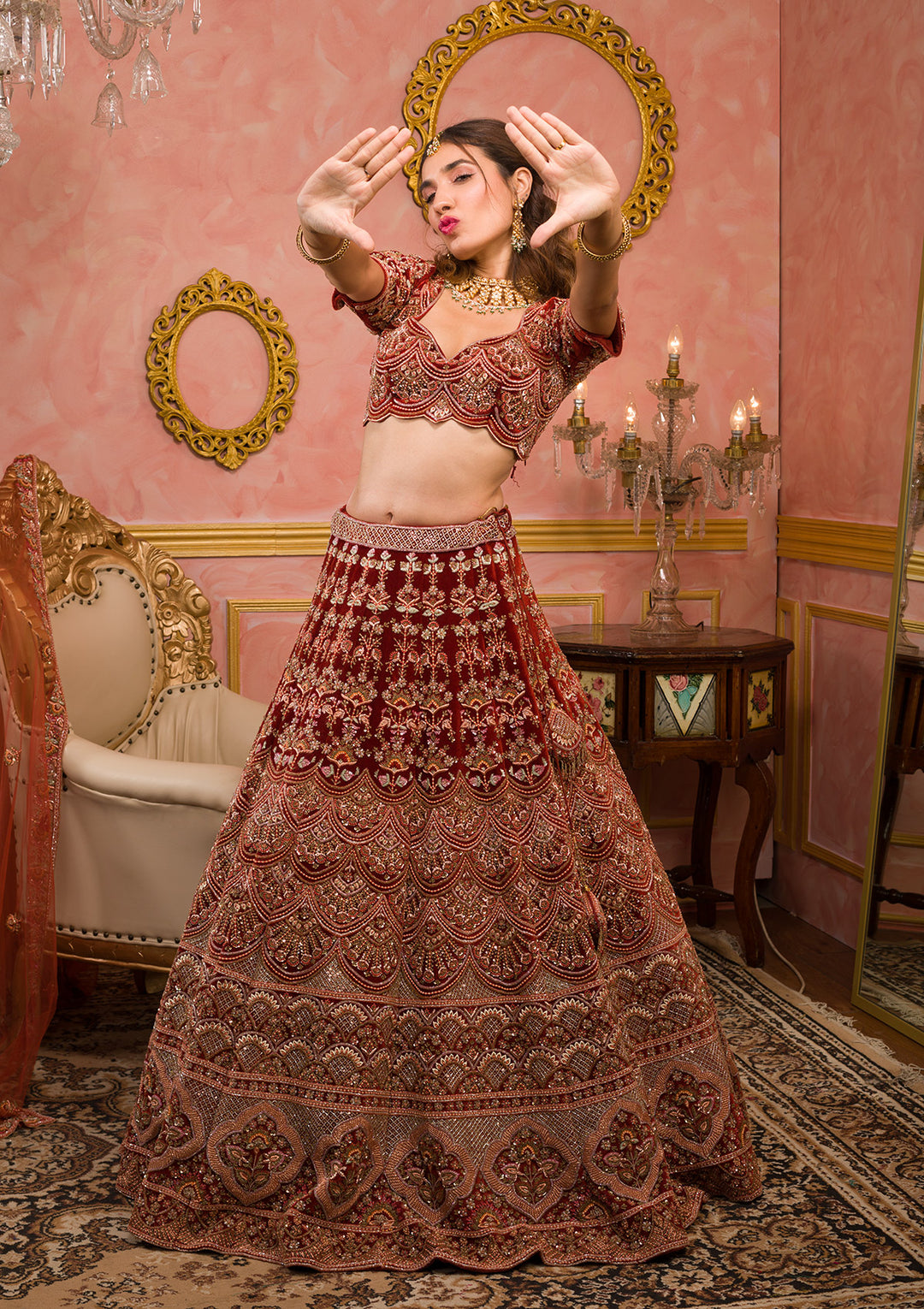 Orange Sequins Velvet Readymade Lehenga-Koskii