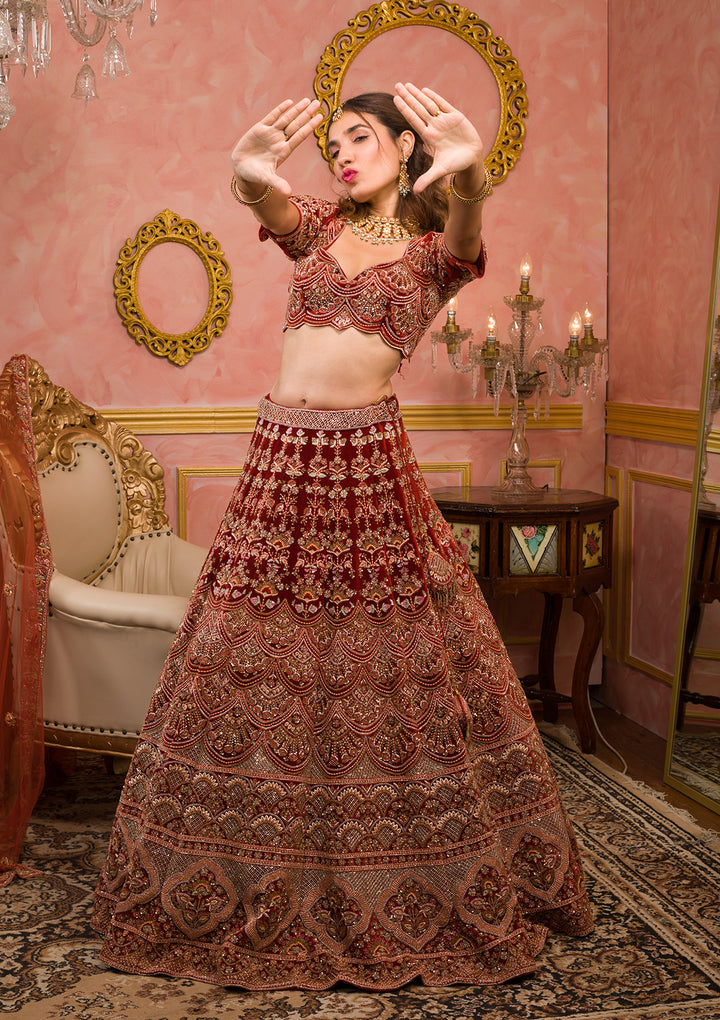 Orange Sequins Velvet Readymade Lehenga-Koskii