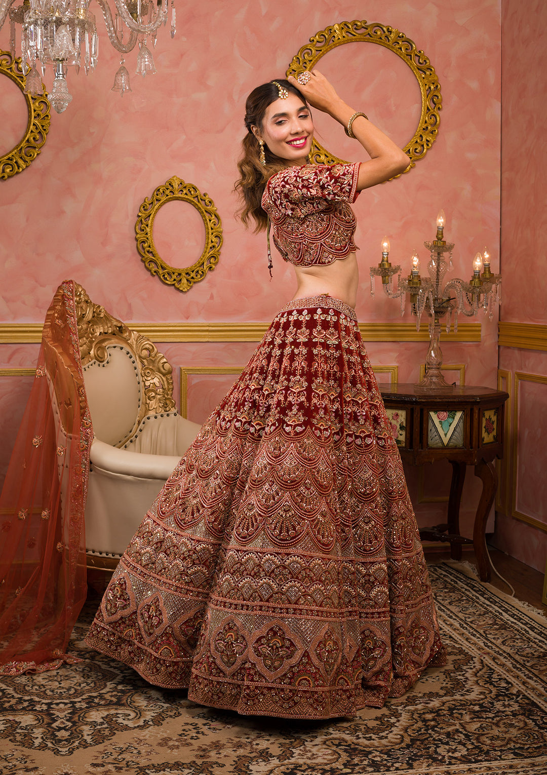 Orange Sequins Velvet Readymade Lehenga-Koskii