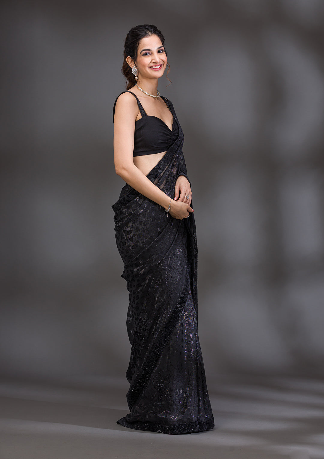 Black Stonework Shimmer Georgette Saree