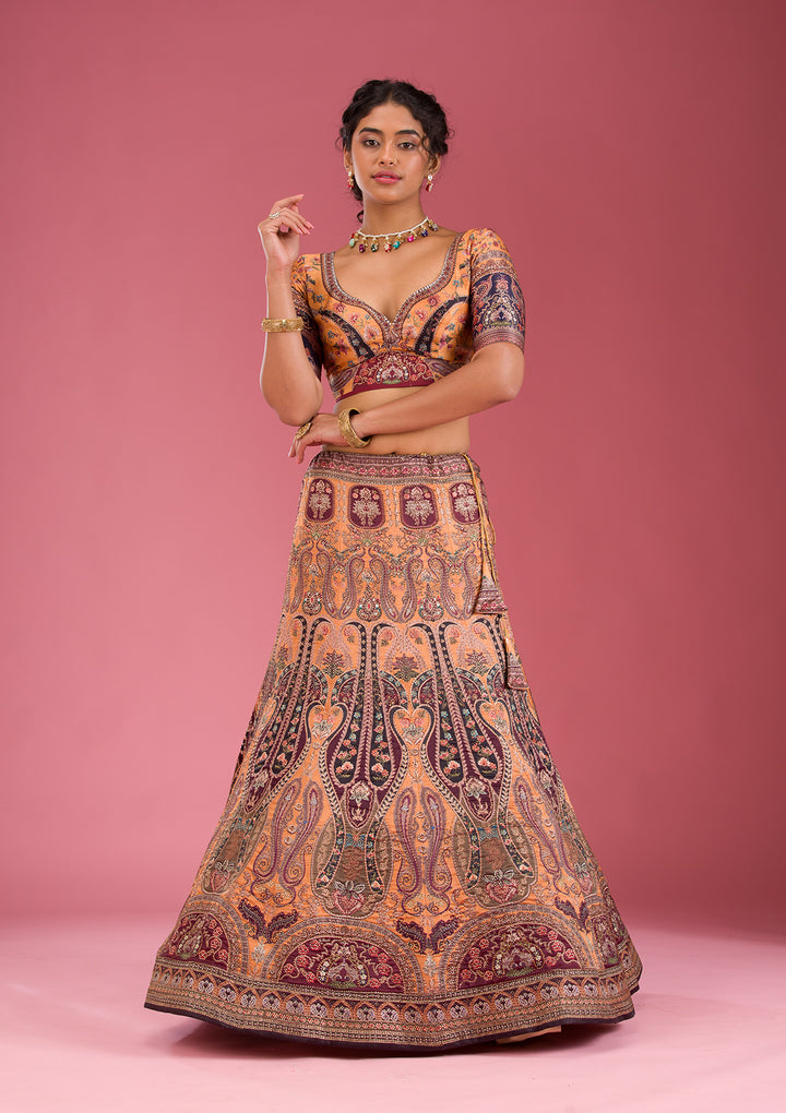 Orange Swarovski Raw Silk Semi Stitched Lehenga