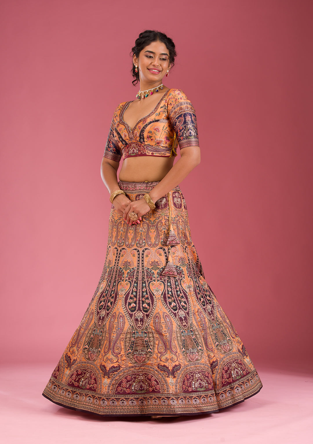 Orange Swarovski Raw Silk Semi Stitched Lehenga