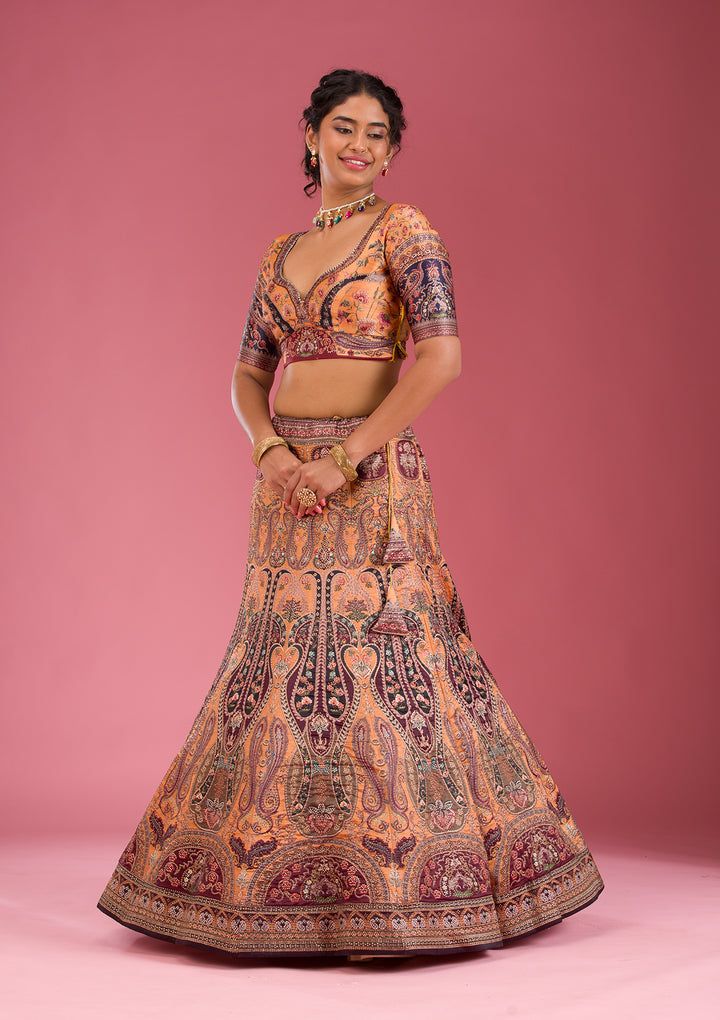 Orange Swarovski Raw Silk Semi Stitched Lehenga