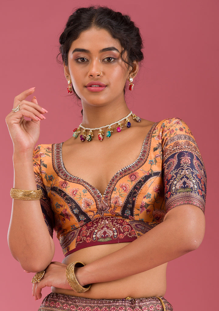 Orange Swarovski Raw Silk Semi Stitched Lehenga