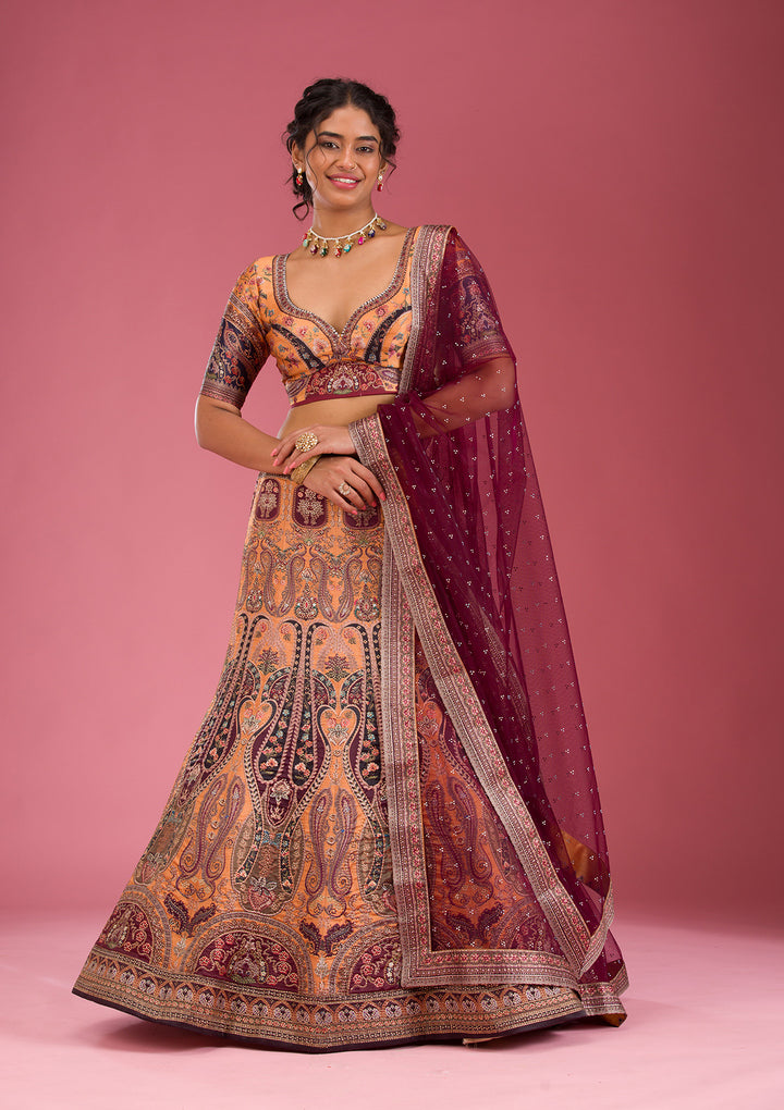Orange Swarovski Raw Silk Semi Stitched Lehenga