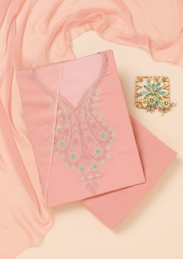 Peach Threadwork Organza Unstitched Salwar Suit