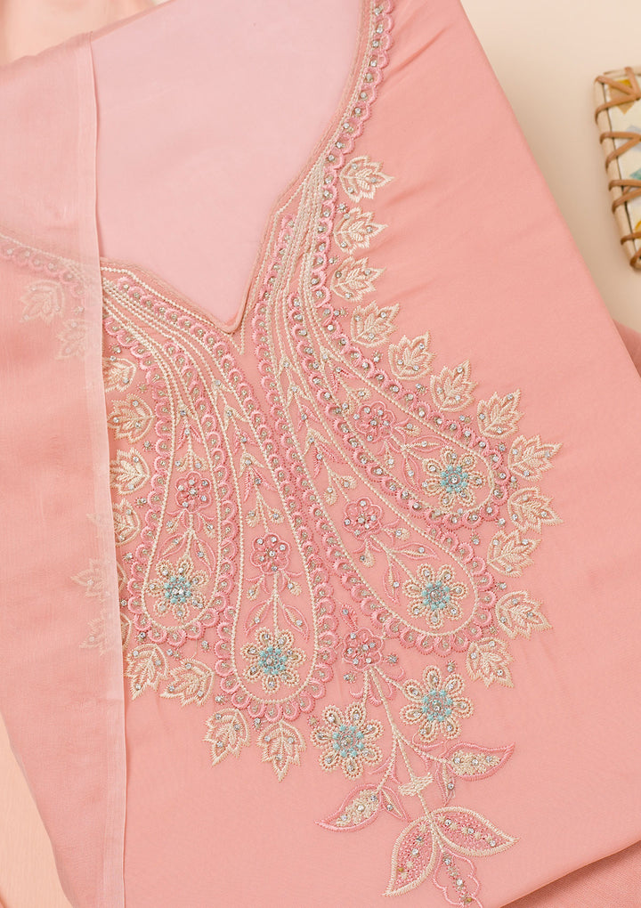 Peach Threadwork Organza Unstitched Salwar Suit
