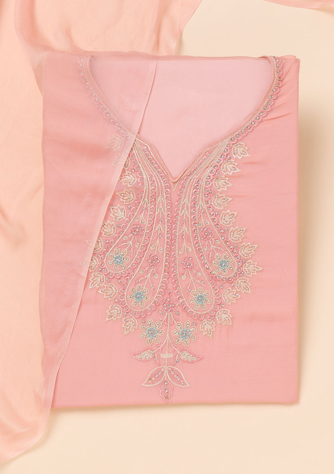 Peach Threadwork Organza Unstitched Salwar Suit