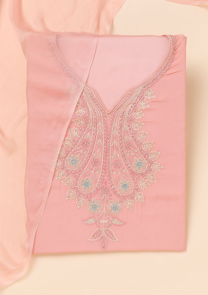 Peach Threadwork Organza Unstitched Salwar Suit