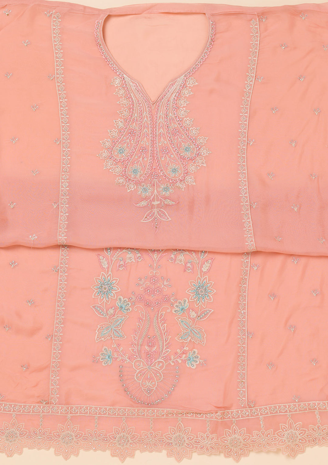 Peach Threadwork Organza Unstitched Salwar Suit