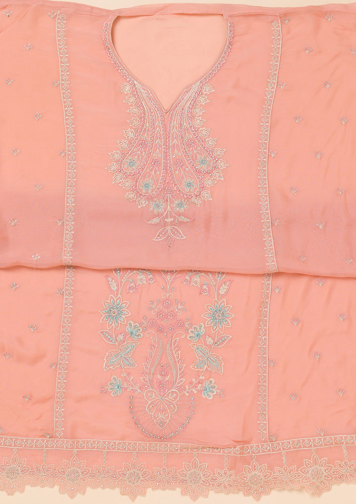 Peach Threadwork Organza Unstitched Salwar Suit