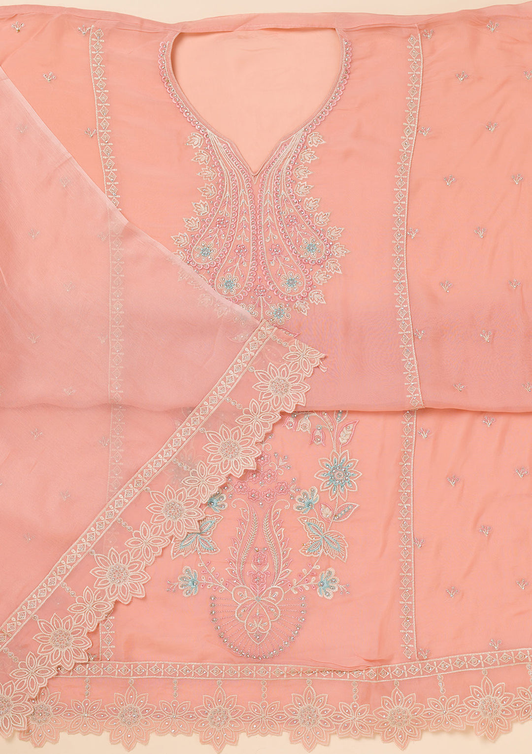 Peach Threadwork Organza Unstitched Salwar Suit
