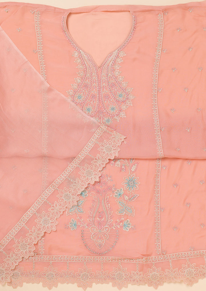 Peach Threadwork Organza Unstitched Salwar Suit