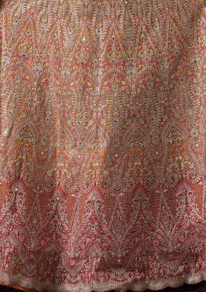 Orange Threadwork Net Readymade Lehenga