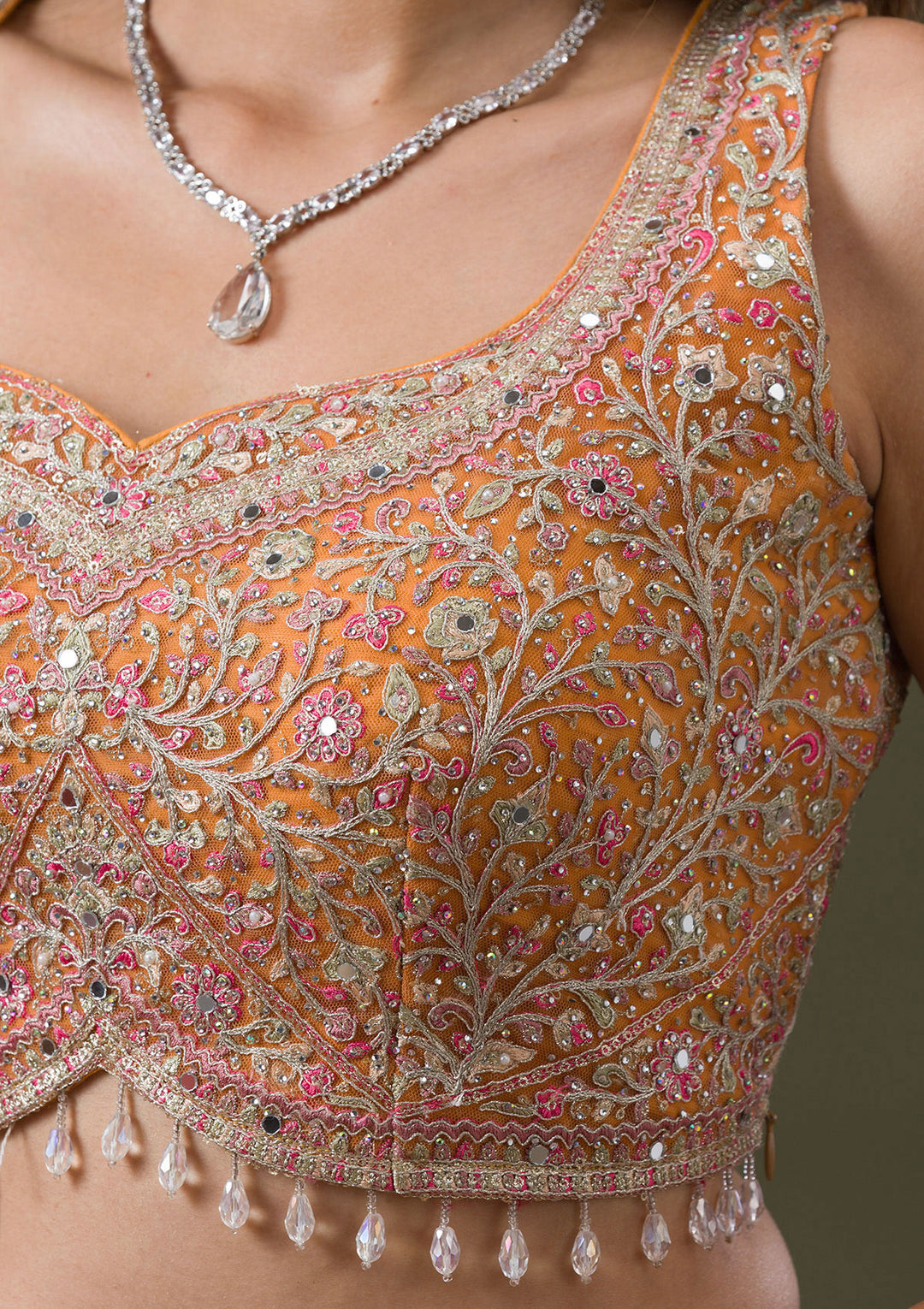 Orange Threadwork Net Readymade Lehenga