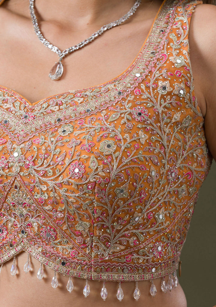 Orange Threadwork Net Readymade Lehenga