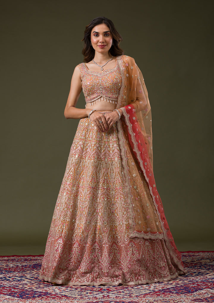 Orange Threadwork Net Readymade Lehenga
