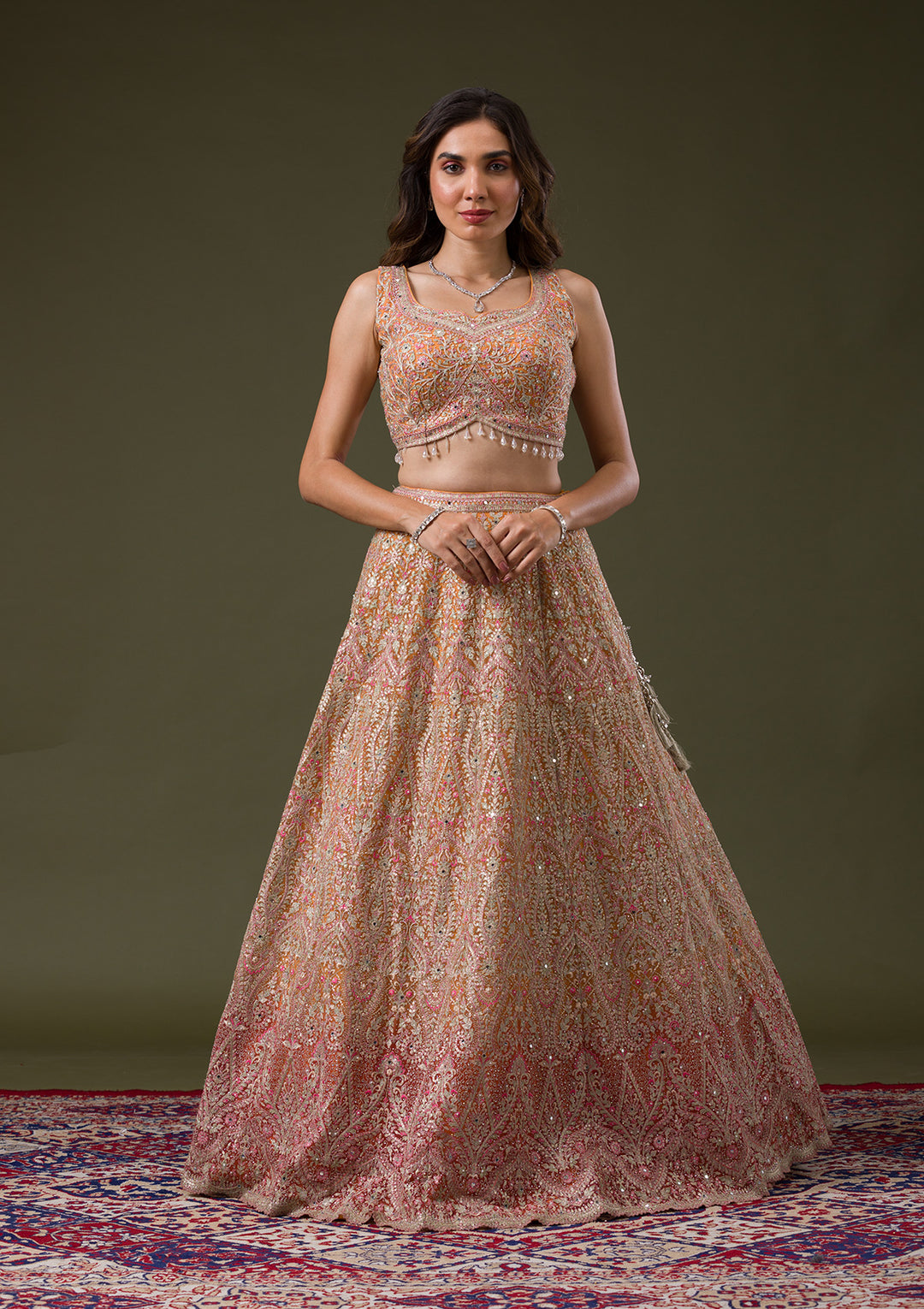 Orange Threadwork Net Readymade Lehenga