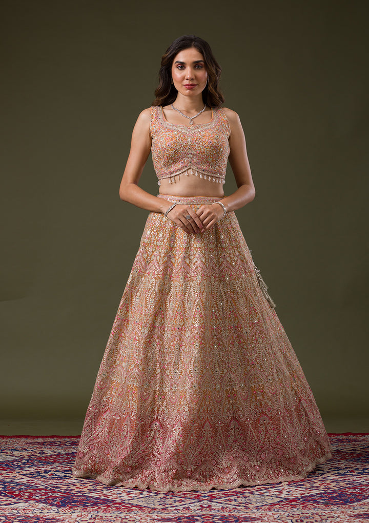 Orange Threadwork Net Readymade Lehenga