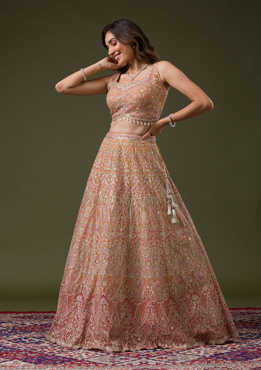 Orange Threadwork Net Readymade Lehenga