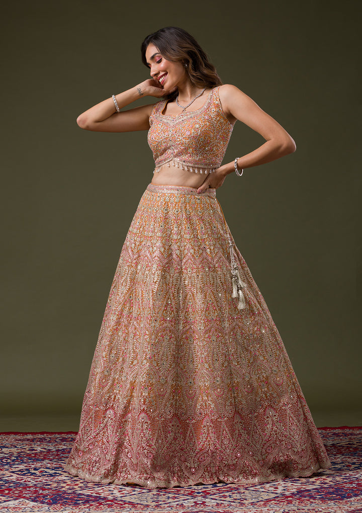 Orange Threadwork Net Readymade Lehenga