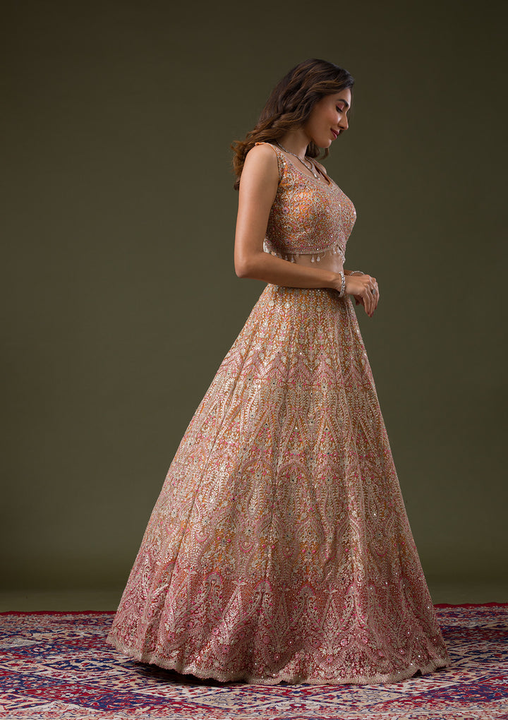 Orange Threadwork Net Readymade Lehenga