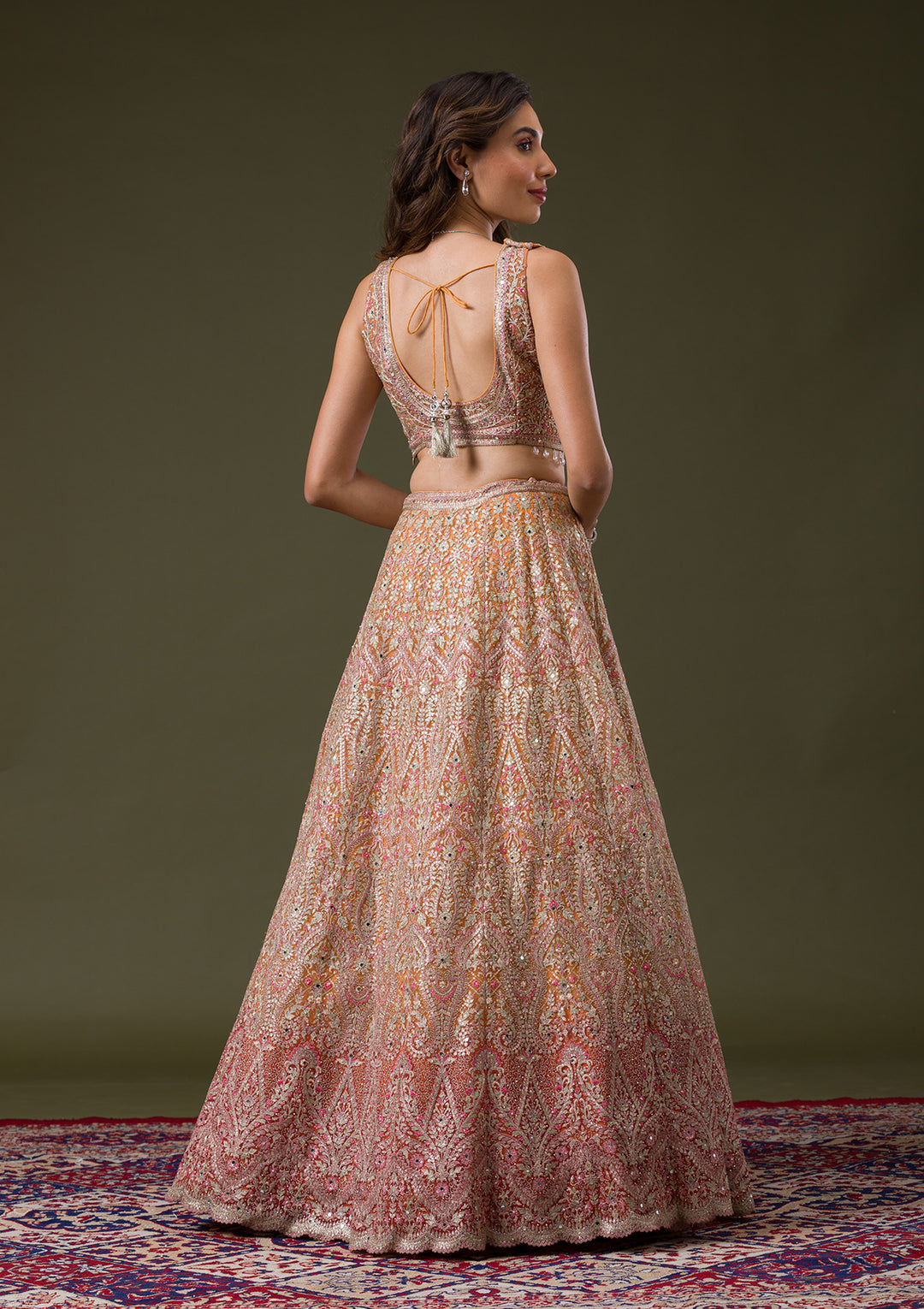 Orange Threadwork Net Readymade Lehenga