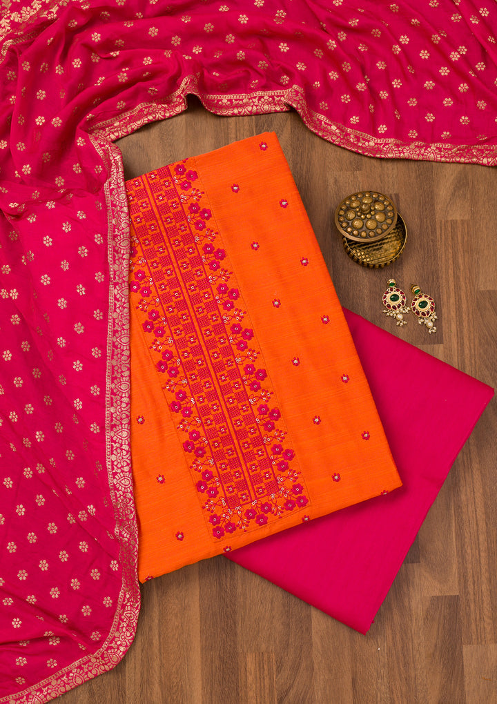 Orange Zariwork Art Silk Unstitched Salwar Suit