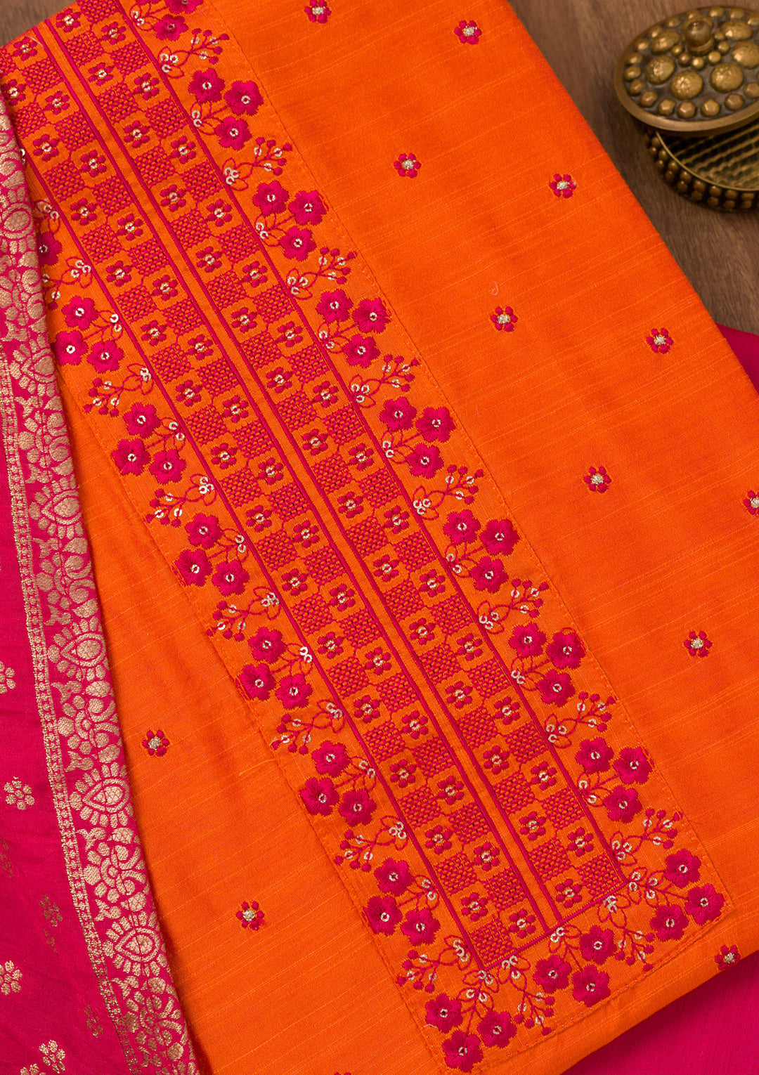 Orange Zariwork Art Silk Unstitched Salwar Suit