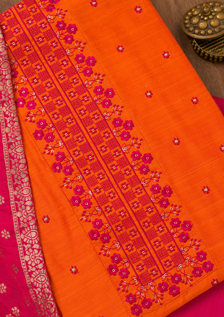 Orange Zariwork Art Silk Unstitched Salwar Suit