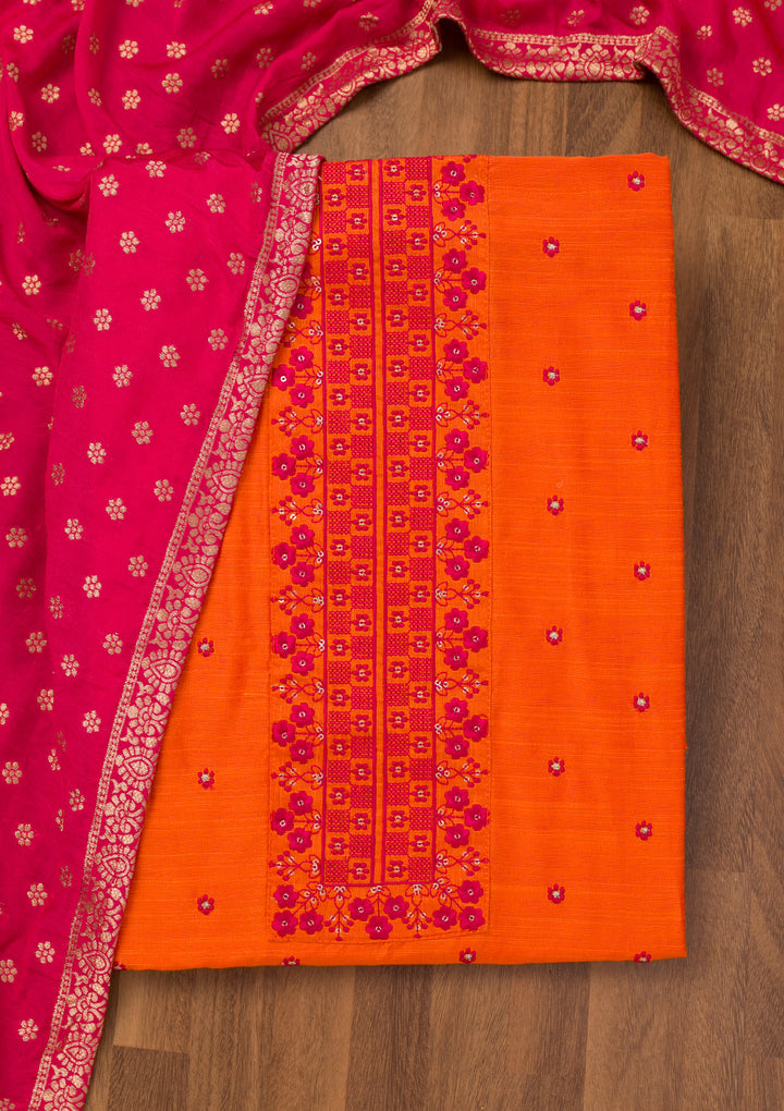 Orange Zariwork Art Silk Unstitched Salwar Suit