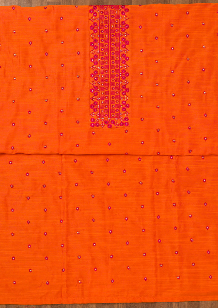Orange Zariwork Art Silk Unstitched Salwar Suit