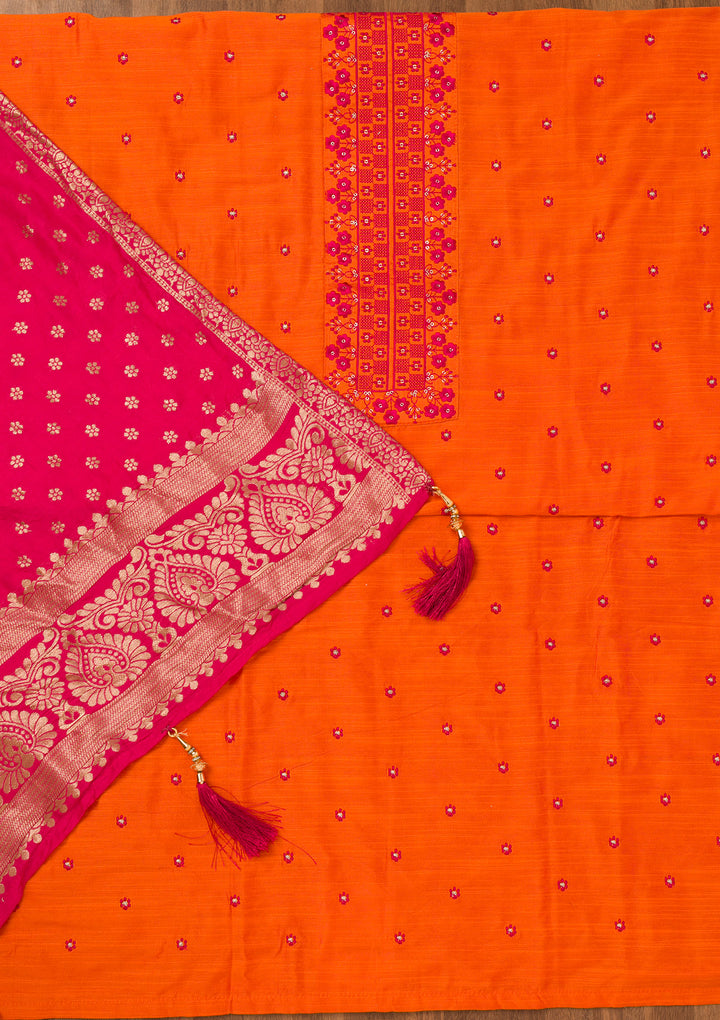 Orange Zariwork Art Silk Unstitched Salwar Suit