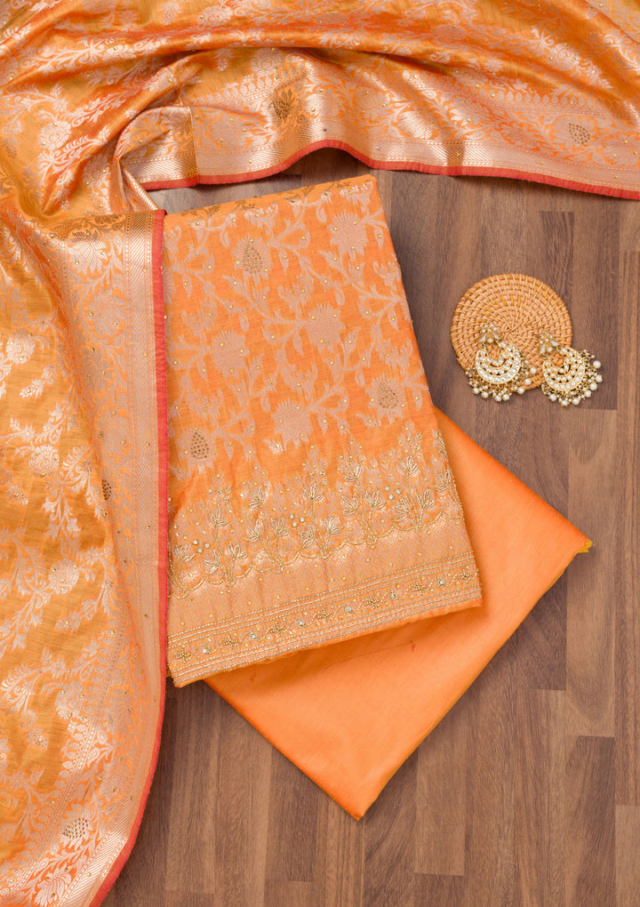 Orange Zariwork Banarasi Unstitched Salwar Suit
