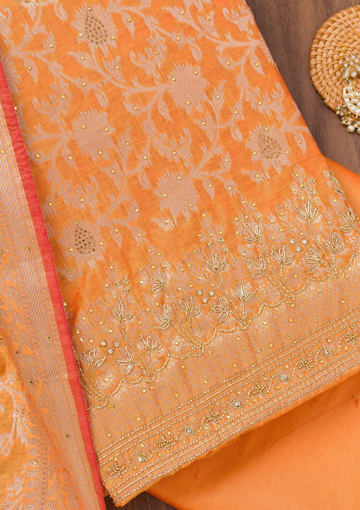 Orange Zariwork Banarasi Unstitched Salwar Suit