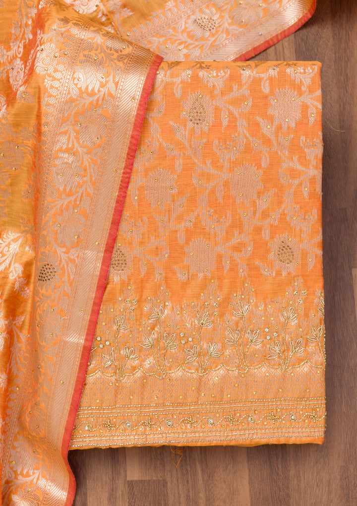 Orange Zariwork Banarasi Unstitched Salwar Suit