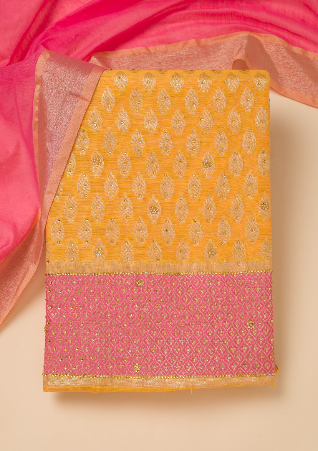 Yellow Zariwork Brocade Unstitched Salwar Suit
